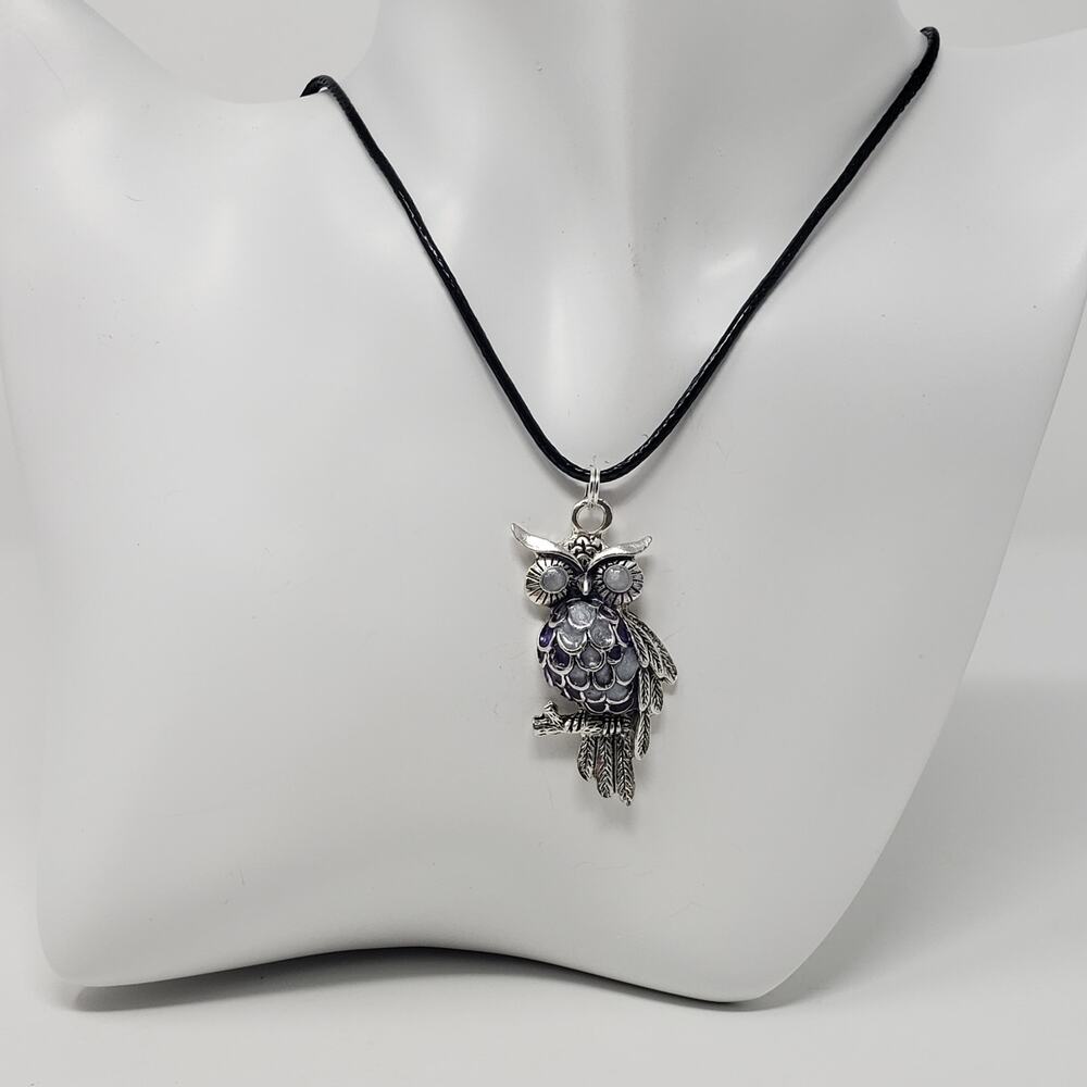 Owl Pendant White & Purple Metallic Resin Necklace